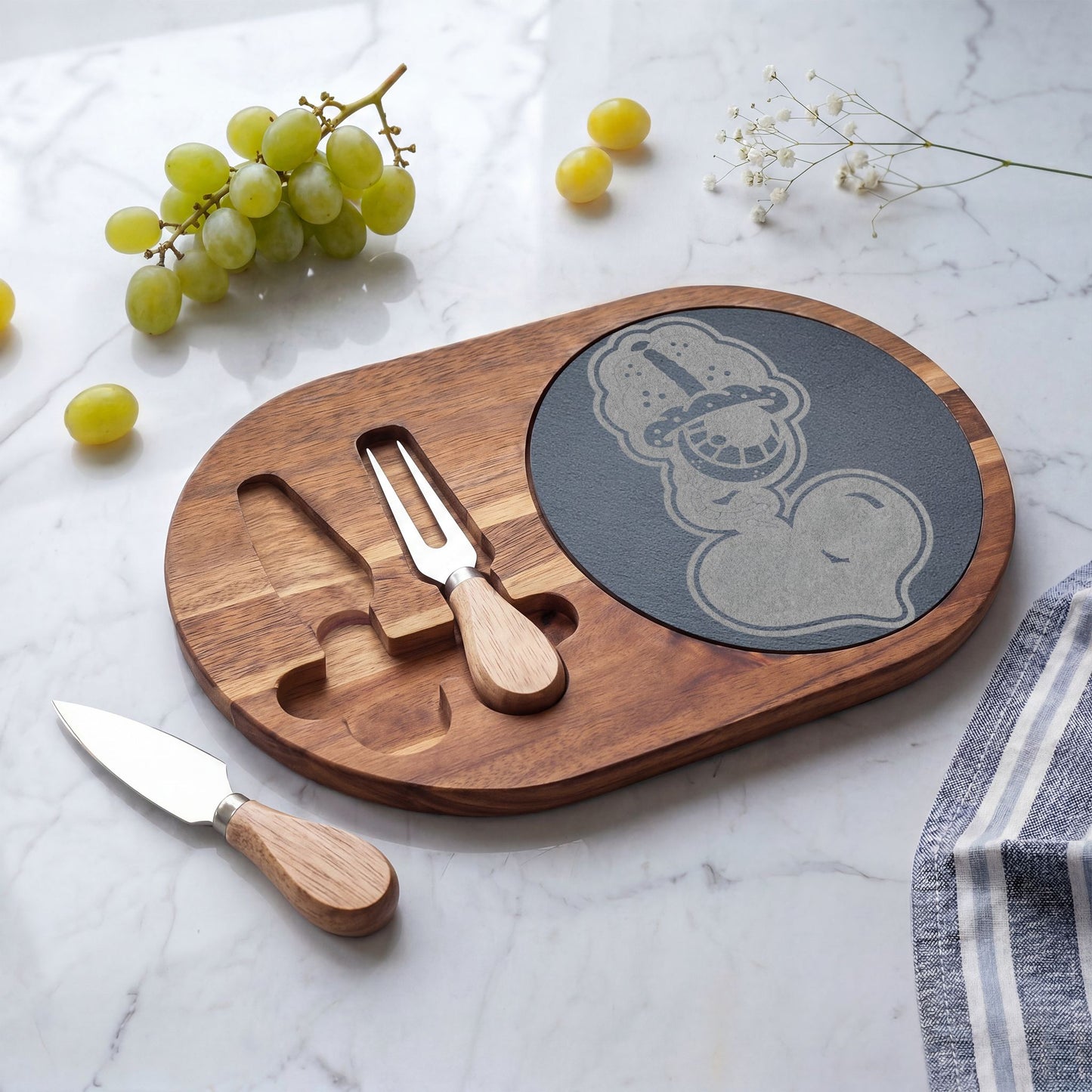 Engraved Acacia Charcuterie Board with Slate Inlay & Cheese Tools By DrippyFIsh