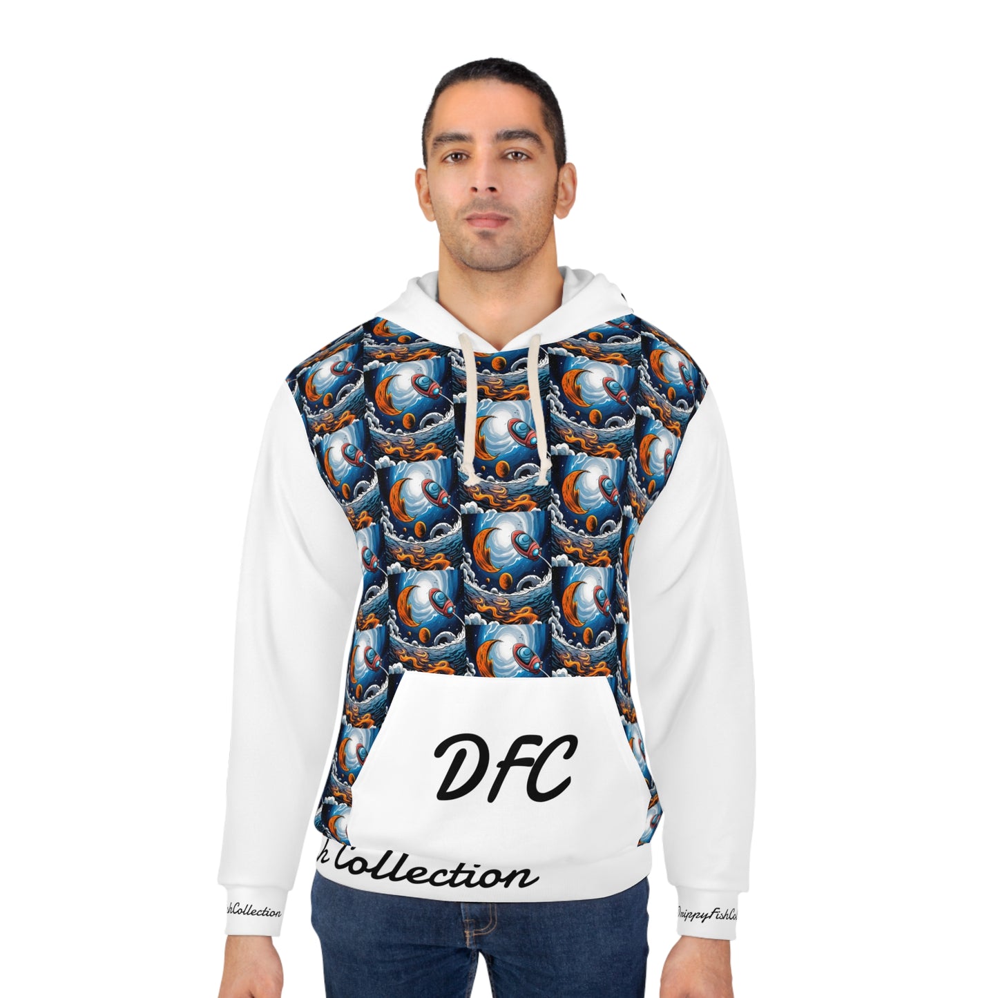 "DFC Take Off" White Unisex Pullover Hoodie (AOP)