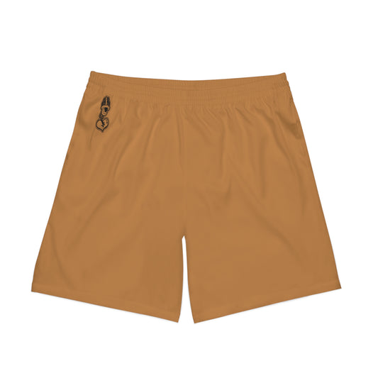 "Black Label" Tan Men's Elastic Beach Shorts (AOP)