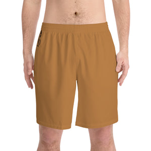 "Black Label" Tan Men's Elastic Beach Shorts (AOP)